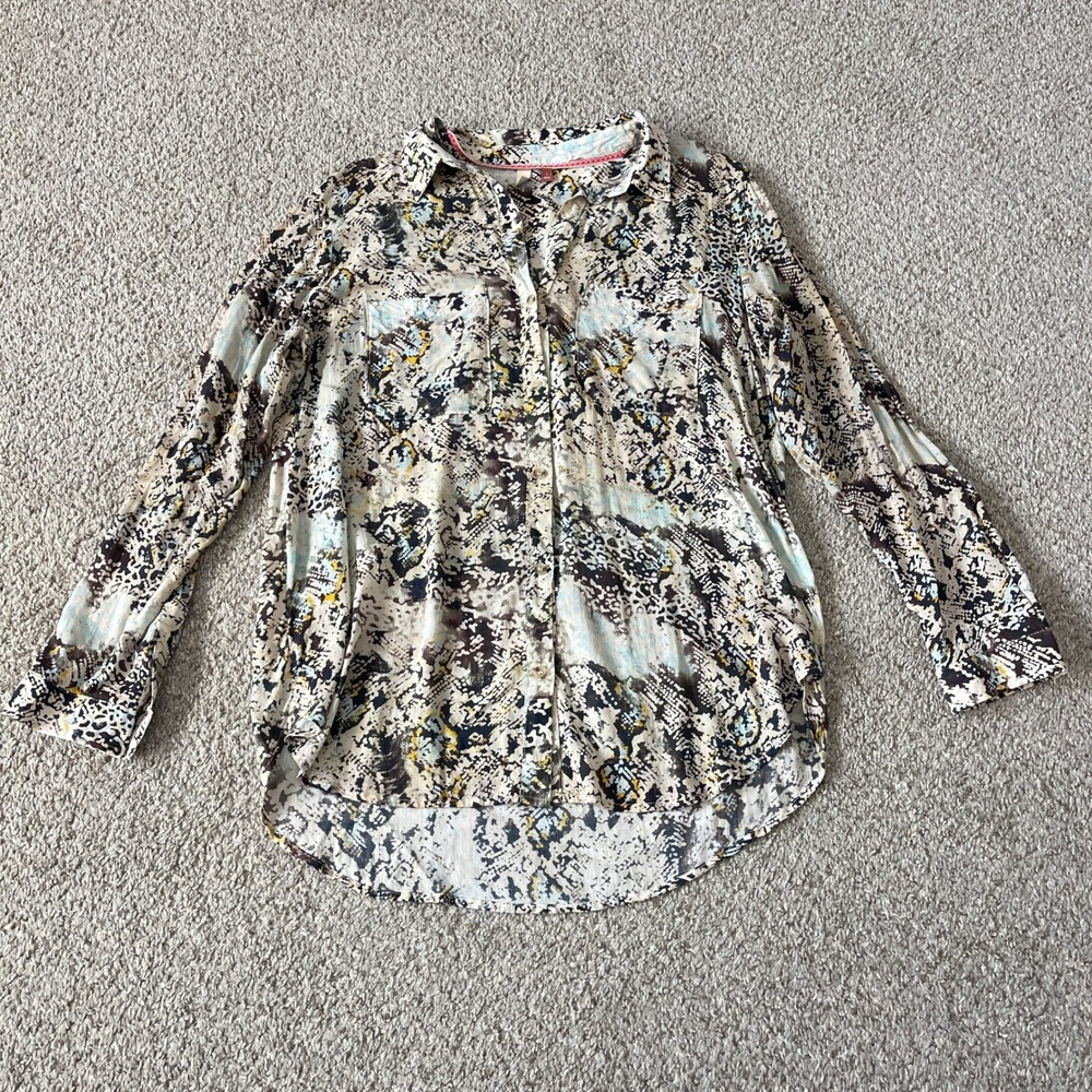 Pilcro Women's Blouse Romy Relaxed Button Up Drapey Printed L Cream/Brown/Blue